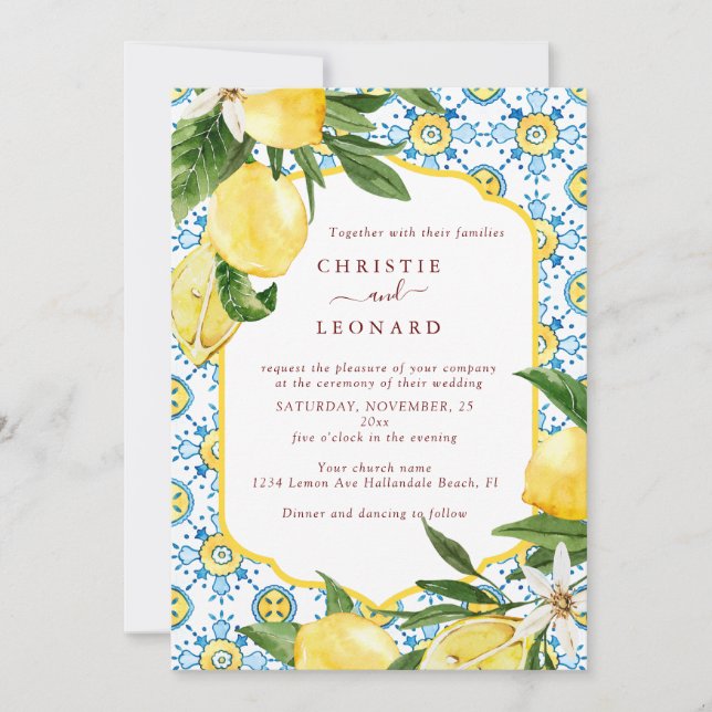 Elegant Mediterranean Lemons Wedding Invitation (Front)