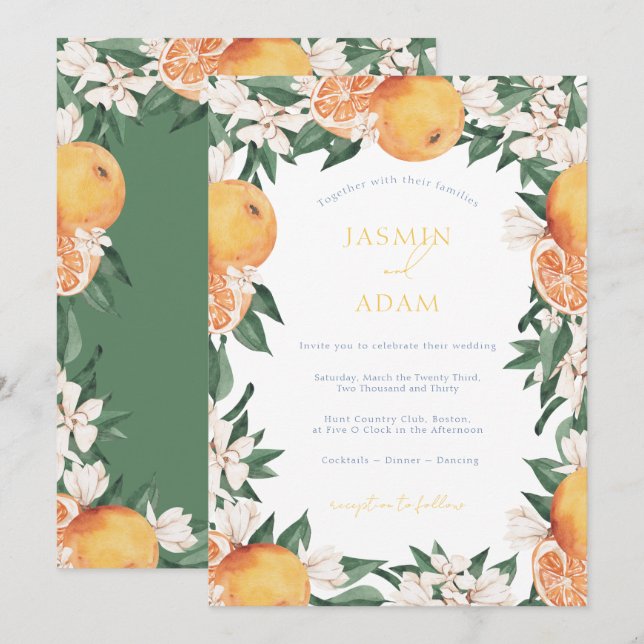 Elegant Mediterranean Orange Citrus Floral Wedding Invitation (Front/Back)
