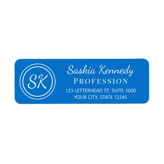 Elegant Medium Blue Monogram Return Address (Front)