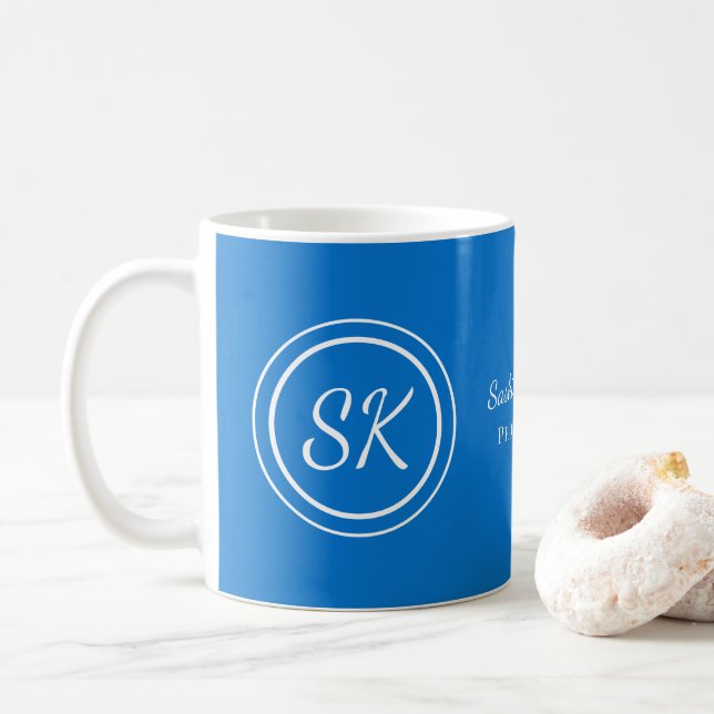 Elegant Medium Blue Script Monogram Business Coffee Mug (With Donut)
