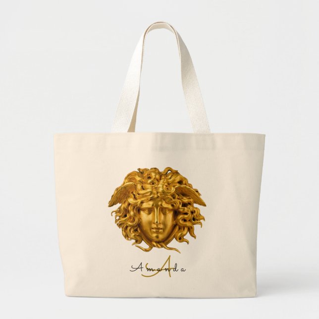 Elegant Medusa Script Haute Couture Chic Black Large Tote Bag (Front)