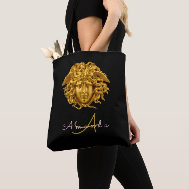 Elegant Medusa Script Haute Couture Chic Black Tote Bag (Close Up)