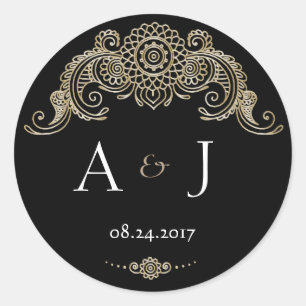 Elegant Mehndi design round stickers-black Classic Round Sticker