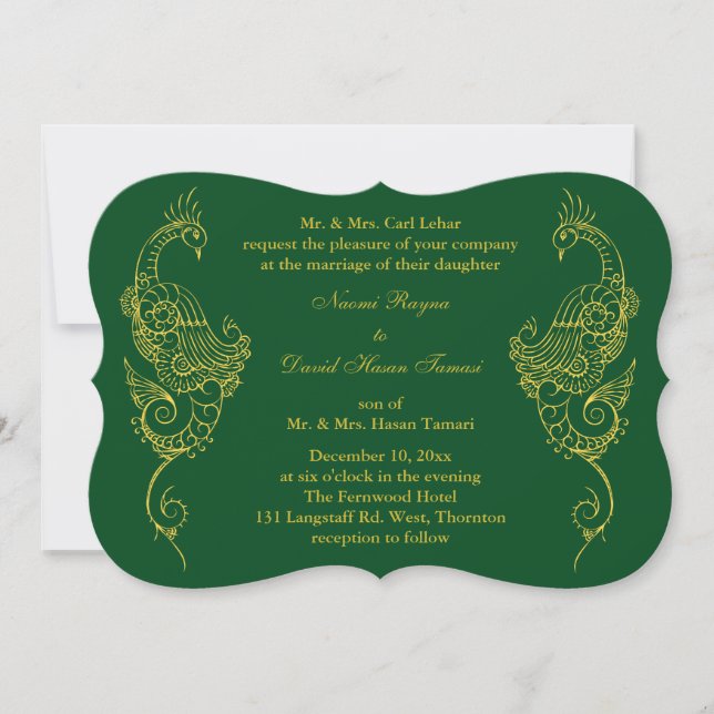 Elegant Mehndi Peacock Wedding Invitation - Green (Front)