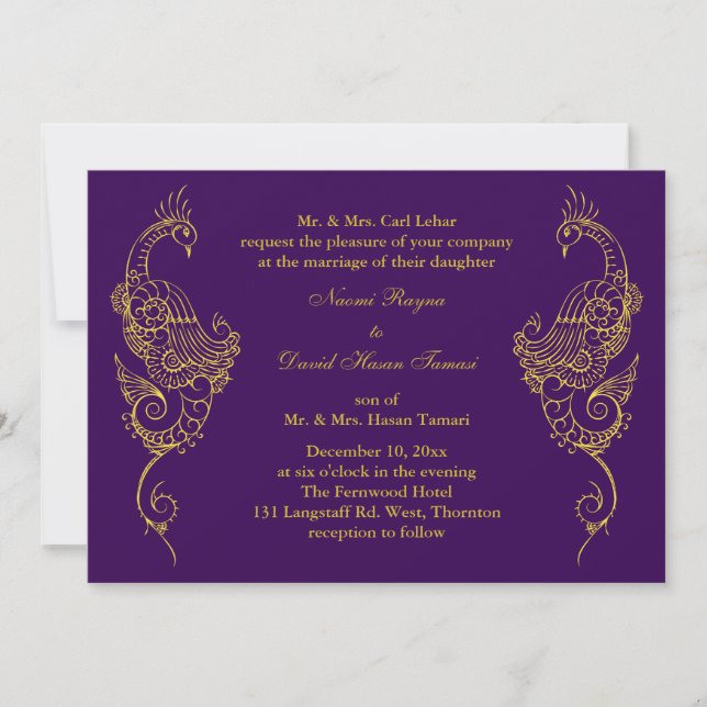 Elegant Mehndi Peacock Wedding Invitation - Purple (Front)