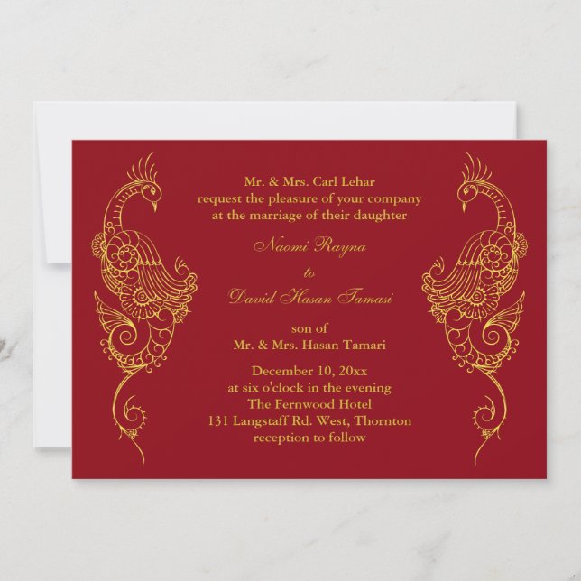 Elegant Mehndi Peacock Wedding Invitation - Red (Front)