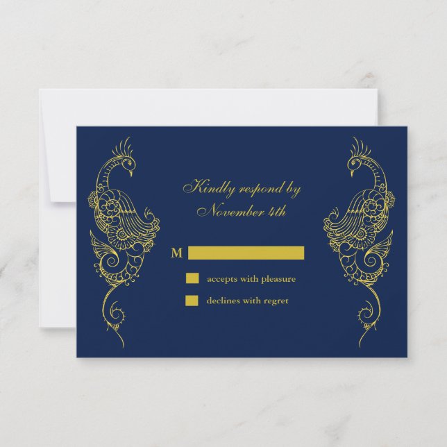 Elegant Mehndi Peacock Wedding RSVP - navy (Front)