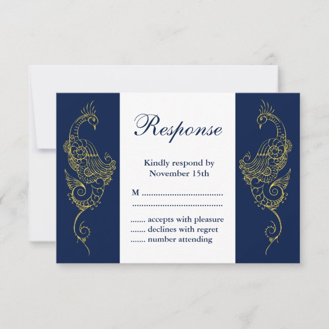 Elegant Mehndi Peacock Wedding RSVP - Navy & White (Front)