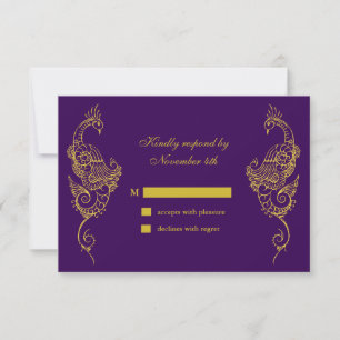 Elegant Mehndi Peacock Wedding RSVP - purple Card