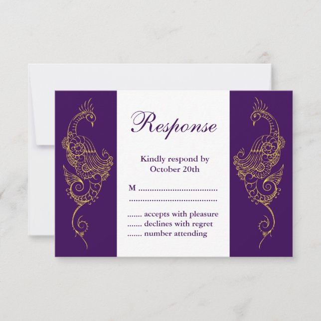 Elegant Mehndi Peacock Wedding RSVP Purple White (Front)