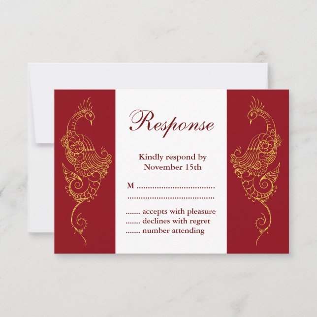 Elegant Mehndi Peacock Wedding RSVP - Red & White (Front)
