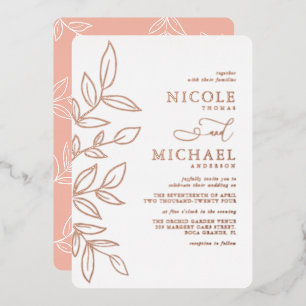 Elegant Melon Pink Minimal Rose Gold Leaf Wedding