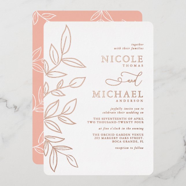 Elegant Melon Pink Minimal Rose Gold Leaf Wedding (Front/Back)