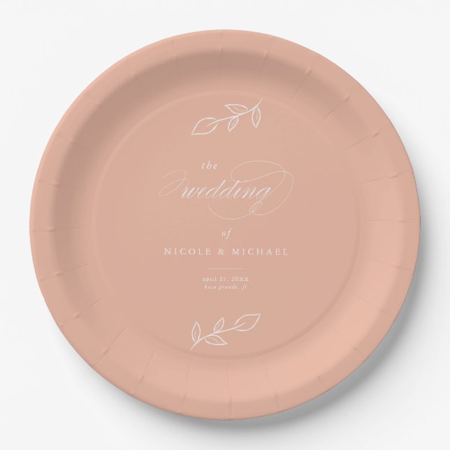Elegant Melon Pink Minimalist Leaves Wedding Paper Plate (Front)