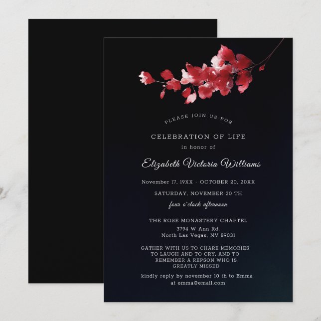 Elegant Memorial Black and Red Floral Invite  (Front/Back)