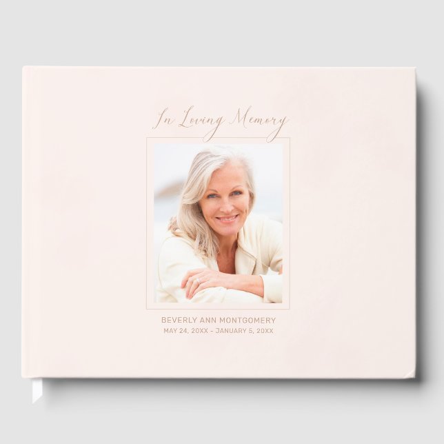 Elegant Memorial Blush Watercolor Photo Funeral Guest Book (Front)