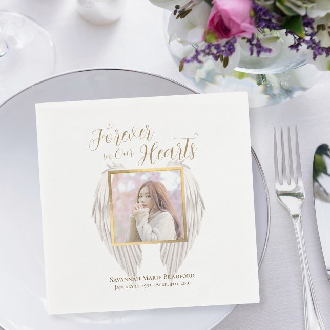 Elegant Memorial Forever in Our Hearts Photo Napkin (Creator Uploaded)