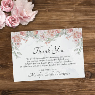 Elegant Memorial Funeral Pink Floral Watercolor Thank You Card