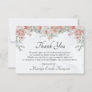 Elegant Memorial Funeral Pink Floral Watercolor Thank You Card