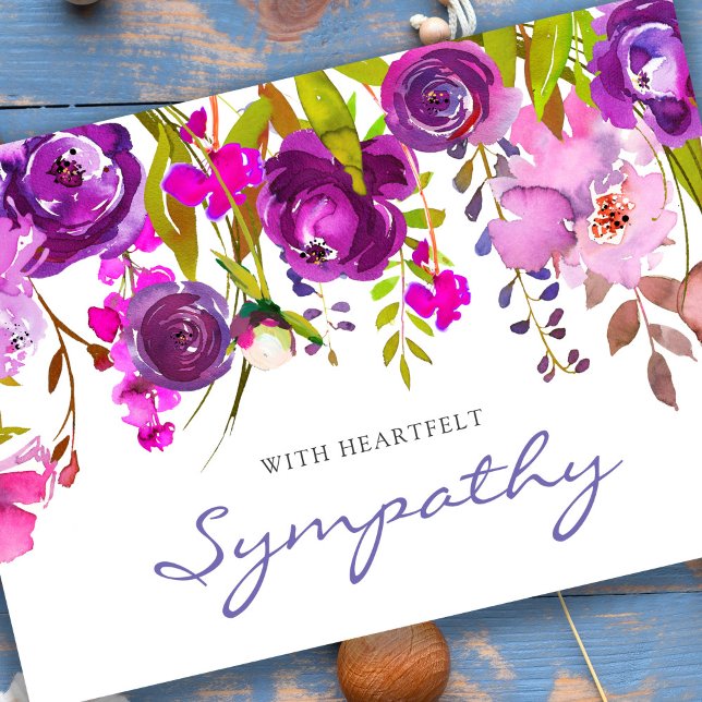 Elegant Memorial Watercolor Florals Sympathy Card (Elegant watercolor purple florals memorial sympathy card. Sorry for your loss. )