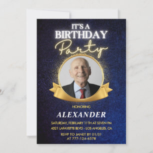 Elegant Men Navy Photo 96th birthday Invitation