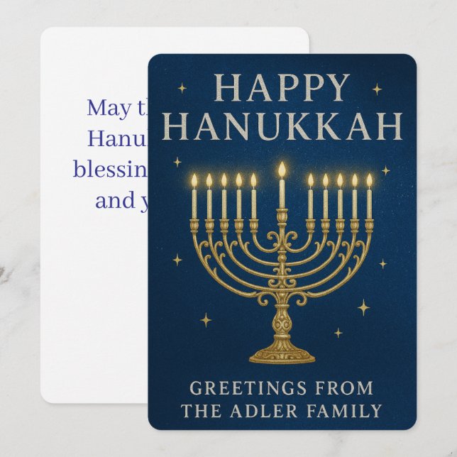 Elegant Menorah, Stars & Royal Blue Hanukkah Holiday Card (Front/Back)