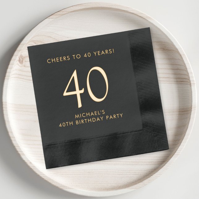 Elegant Mens 40th Birthday Party Foil Napkins (Elevate his 40th birthday party decor with these classic and elegant black and gold foil napkins)