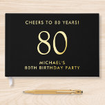 Elegant Mens 80th Birthday Party Guest Book<br><div class="desc">Elevate his 80th birthday party with this elegant black guestbook that features genuine gold foil,  "Cheers to 80 Years" and his name in simple,  modern lettering,  Personalise the title on the spine and change the foil colour to silver if desired.</div>