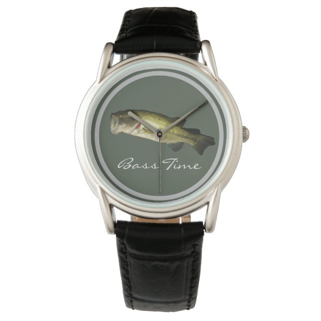 Elegant Men's Bass Fish Time Black Leather Custom Watch (Front)
