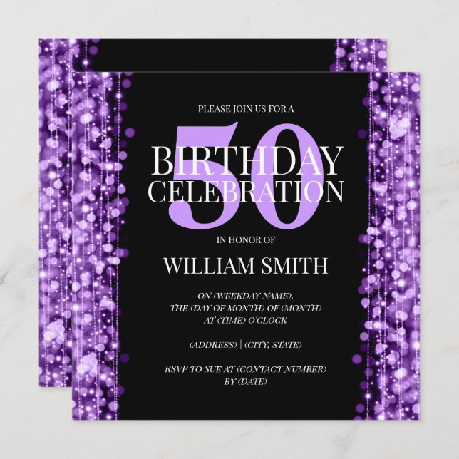 Elegant Mens Birthday Party Sparkles Purple Invitation (Front/Back)
