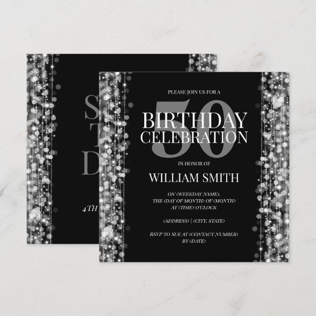 Elegant Mens Birthday Party Sparkles Silver Invitation (Front/Back)