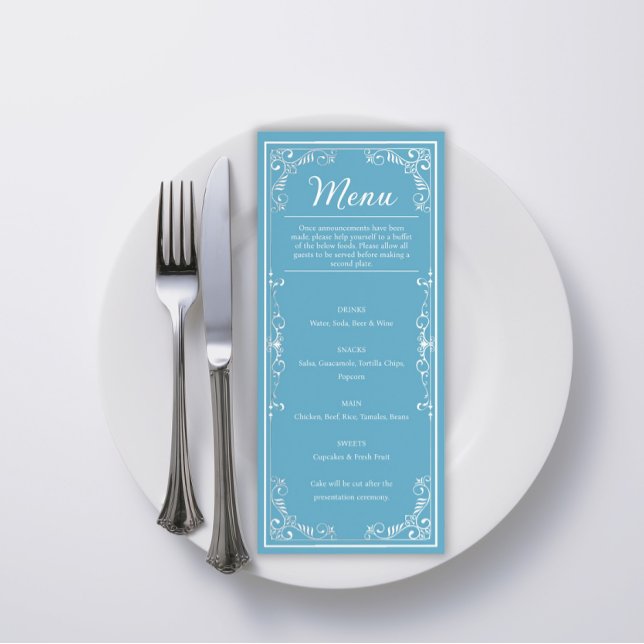 Elegant Menu - Light Blue Butterfly Quinceañera (Elegant Blue Quince Birthday Menu)