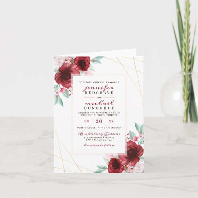 Elegant Merlot Glamorous Blooms Geometric Wedding Invitation (Front)