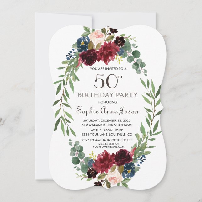 Elegant Merlot Navy Blue Floral 50th Birthday Invitation (Front)