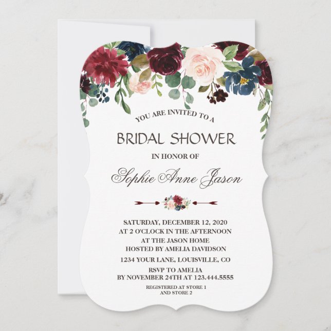 Elegant Merlot Navy Blue Floral Bridal Shower Invitation (Front)