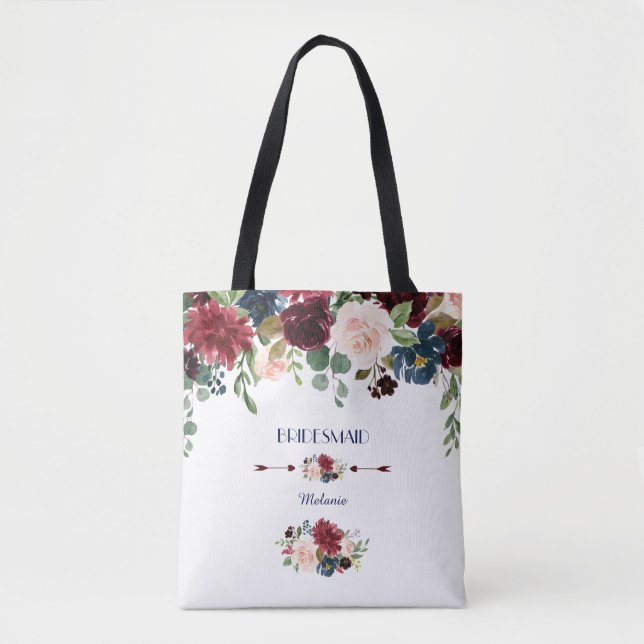 Elegant Merlot Navy Blue Floral Bridesmaid Tote Bag (Front)