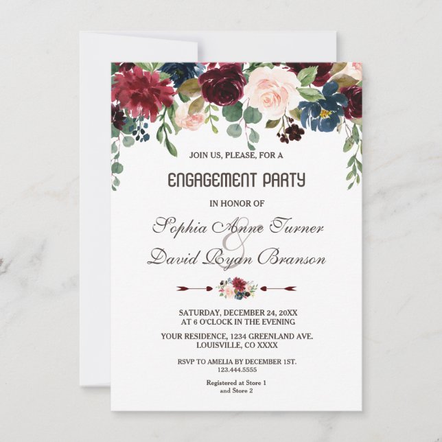 Elegant Merlot Navy Blue Floral Engagement Party Invitation (Front)