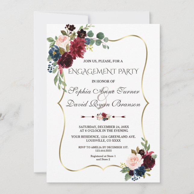 Elegant Merlot Navy Blue Floral Engagement Party Invitation (Front)