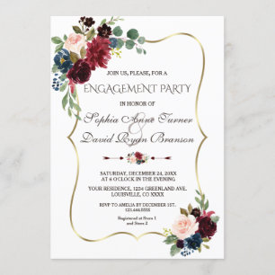 Elegant Merlot Navy Blue Floral Engagement Party Invitation