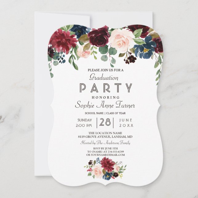 Elegant Merlot Navy Blue Floral Graduation Party Invitation (Front)
