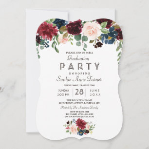 Elegant Merlot Navy Blue Floral Graduation Party Invitation