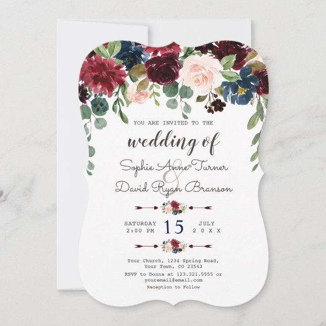Elegant Merlot Navy Blue Floral Wedding Invite (Front)