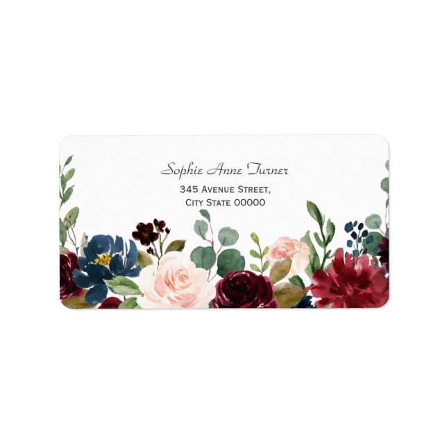 Elegant Merlot Navy Blue Floral Wedding Label (Front)