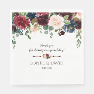 Elegant Merlot Navy Blue Floral Wedding Napkin