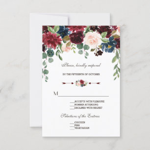Elegant Merlot Navy Blue Floral Wedding RSVP Card