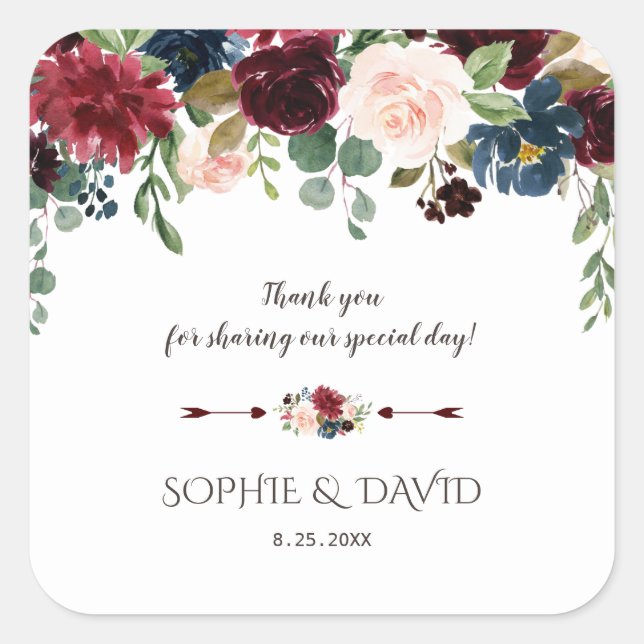 Elegant Merlot Navy Blue Floral Wedding Square Sticker (Front)