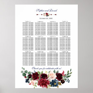 Elegant Merlot Navy Floral Wedding Seating Chart