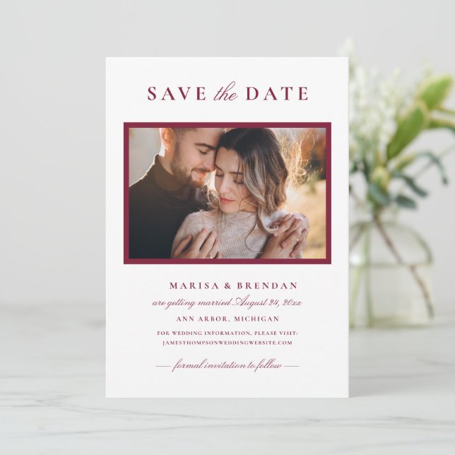 Elegant Merlot Red Wedding Photo Save The Date (Standing Front)