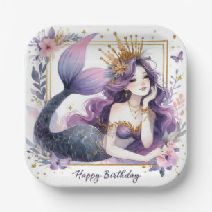 Elegant Mermaid Birthday Paper Plate Purple Floral