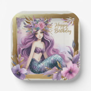 Elegant Mermaid Birthday Paper Plate Purple Floral